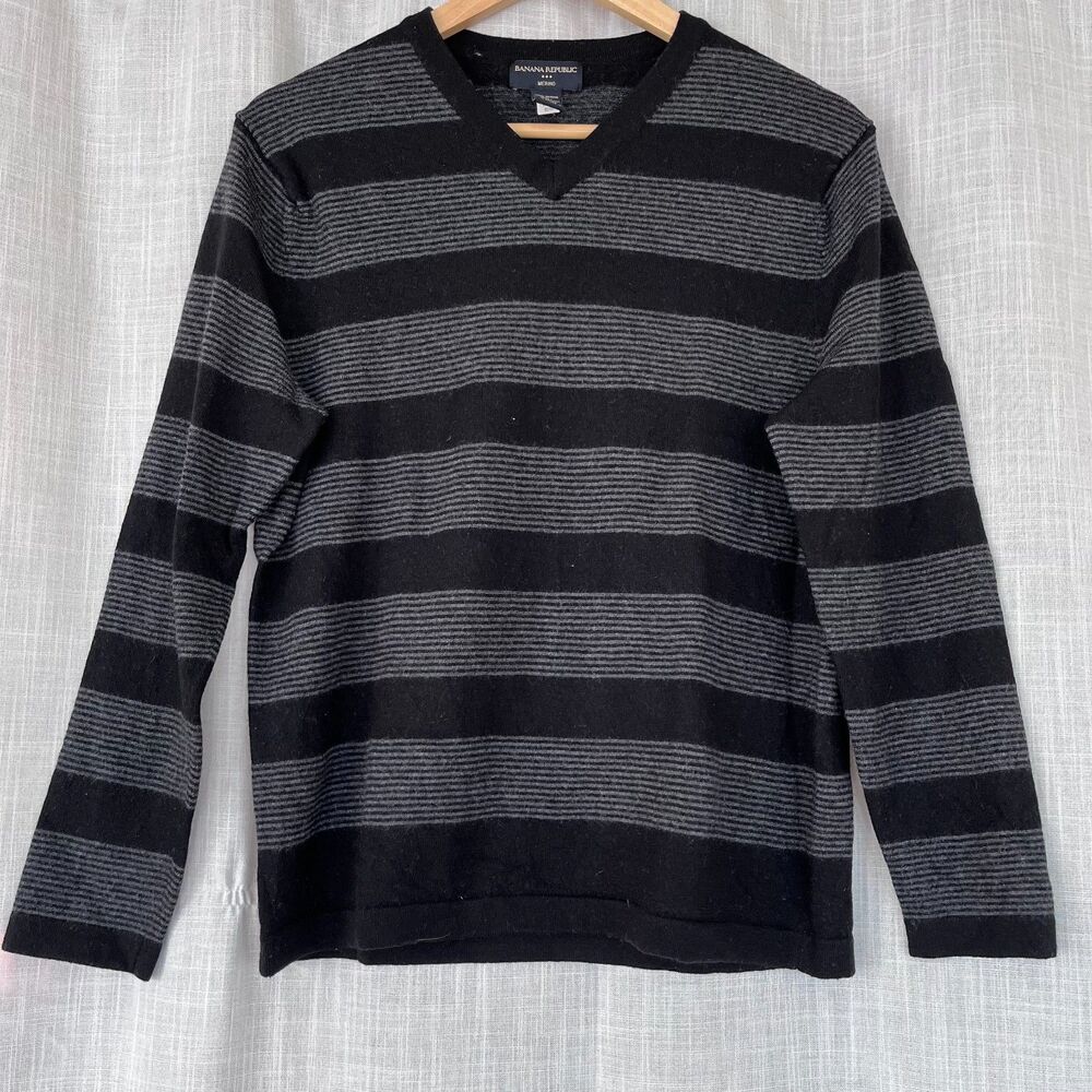 Banana Republic Black Gray Striped Merino Wool Sweater
